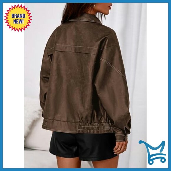Oversized Faux Leather Bomber Jacket Women's Motorcycle Style Zip Up - Picture 5 of 8